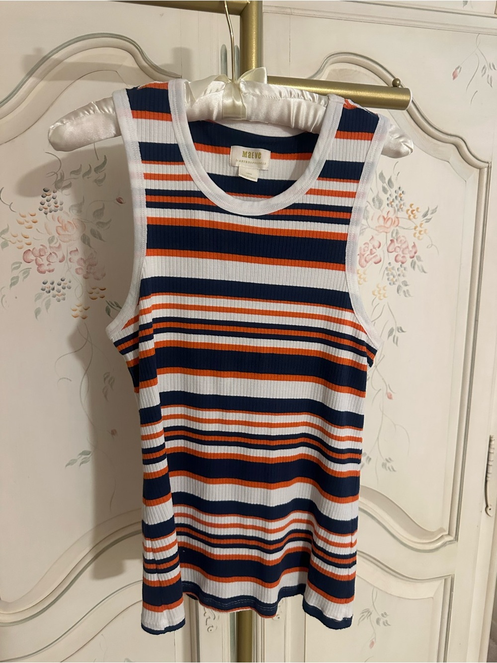 Anthropologie Striped Ribbed Tank Top - Navy, White & Orange